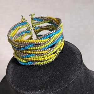 Flexible Cuff Beaded Bracelet Criss Cross in Blue, Yellow, and Silver Vintage